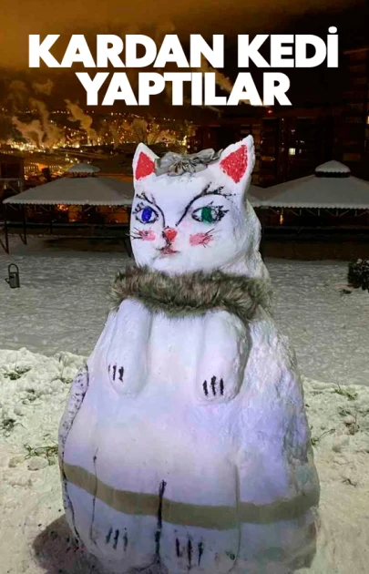 Mahalle sakinleri tarafından kardan kedi heykeli yapıldı.