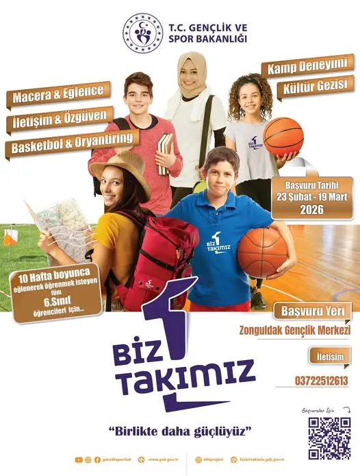 basketbol ve şunu diyen bir yazı 'T.C. GENÇLİK VE SPOR BAKANLIĞI & Eğlence Kamp Deneyimi Kültür Gezisi İletişim & özgüven Basketbol & Oryantiring Başvuru Tarihi 23 Şubat -19 Mart 2026 takimız BİZ 10Haftaboyunca 10 Hafta boyunca eğlenerek öğrenmek İsteyen ejlemerekügrenmekisteyen eй 6.Sınif öğrencileri için... Başvuru Yeri Zonguldak Gençlik Merkezi İletişim BİZ TaKImIz 03722512613 "Birlikte daha güçlüyüz" รรี igin genciksporbak 安 www.gsb.gow.tr ® bétprojesi 国 biebirtakimie.gsb.gow.tr' görseli olabilir