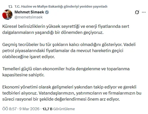 Bakan Şimşek'ten Küresel Piyasalar ve Enerji Fiyatlarına Dair Değerlendirme